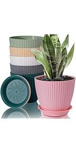 FORAGIFT 19cm Plant Pots Indoor, 6 Pack Stripe Grooves Plastic Flower Pots with Drainage Holes an...