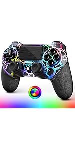 AceGamer OLED Wireless Controller for PS4,Black Crack Custom Design with RGB Light,1000mah Batter...