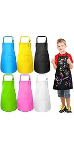 umboom 6 Piece Plain Kids School Apron Set, Adjustable Toddler Apron with 2 Pocket, Child Chef Ap...