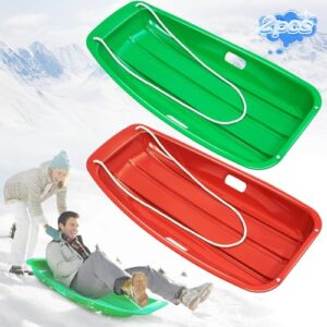 Popolic 2 Pcs Snow Sledge Heavy Duty Snow Sled - 400 LB Load Capacity Skiing Board Durable Toboggan with Pull Rope Adult and Kids Skis Green & Red Snow Skateboard for Outdoor Snow