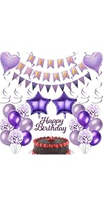 Purple Birthday Party Decorations Women - 26 Pcs Purple Happy Birthday Banner Confetti Latex Ball...