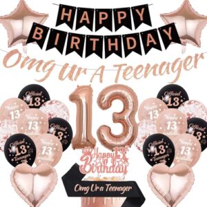 13th Birthday Decorations Girls Balloons - 26 Pcs Rose Gold Omg Ur A Teenager Letter Banner Happy 13th Birthday Cake Topper Number 13 Foil Balloon Black Sash for Girls Party Supplies