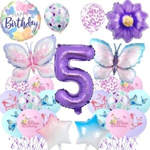 Butterfly 5th Birthday Decorations Girls - 23Pcs Purple Butterfly Balloons Number 5 Gradient Star Foil Balloon
