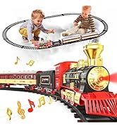 Hot Bee Christmas Train Set for Under Tree, Battery-Powered Xmas Train with Steam, Sound, LED Lig...