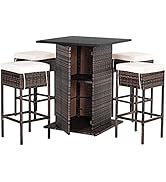 RELAX4LIFE Garden Bar Set, 3 PCS Patio Rattan Table and Chair Set with Removable Cushions and Gla...