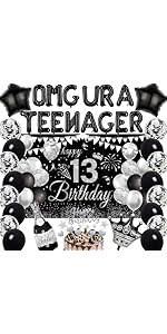 13th Birthday Decorations Boy Balloons - 36 Pcs Black Official Teenager Decor Including OMG URA T...