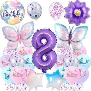 Butterfly 8th Birthday Decorations for Girls - 23Pcs Purple Butterfly Balloons Number 8 Gradient Star Foil Balloon