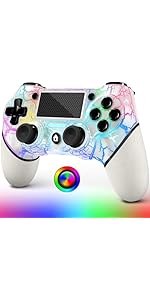 AceGamer Wireless Controller for PS4, White Crack Custom Design with RGB Light,1000mAh Battery an...