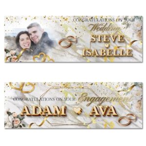2 Personalised Wedding Engagement Banner Gold Balloon Heart Ring Poster Just Married Party Decorations Man Woman Couple Celebration sig
