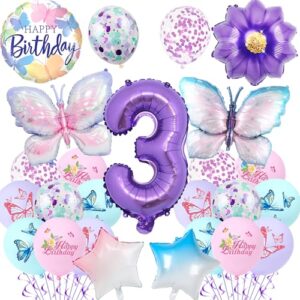 Butterfly 3rd Birthday Decorations for Girls - 23Pcs Purple Butterfly Balloons Number 3 Gradient Star Foil Balloon