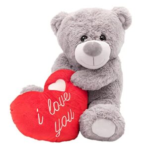I Love You Teddy Bear Valentines Day Present Large 16"/41cm Soft Grey Plush Toy Holding Red Love Heart with 'I Love You' Embroidery - Perfect for Valentines - Mother's Day
