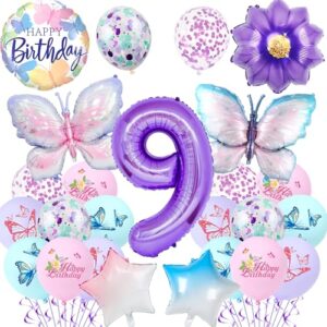 Butterfly 9th Birthday Decorations for Girls - 23Pcs Purple Butterfly Balloons Number 9 Gradient Star Foil Balloon