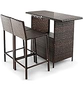 RELAX4LIFE Outdoor Rattan Bar Set, 3 PCS Bar Height Table and Stools Set with Tempered Glass Tabl...