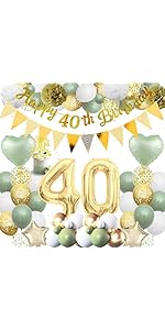 40th Birthday Decorations Women Men - Green Gold Birthday Party Decoration Balloons Set With Bann...
