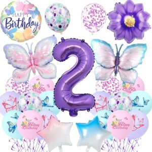 Butterfly 2nd Birthday Decorations for Girls - 23Pcs Purple Butterfly Balloons Number 2 Gradient Star Foil Balloon