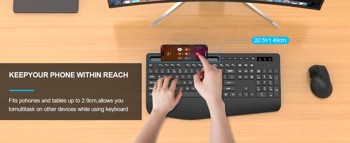 Wireless Keyboard and Mouse Set, Wrist Rest, Mobile Phone Holder, Batteries Included