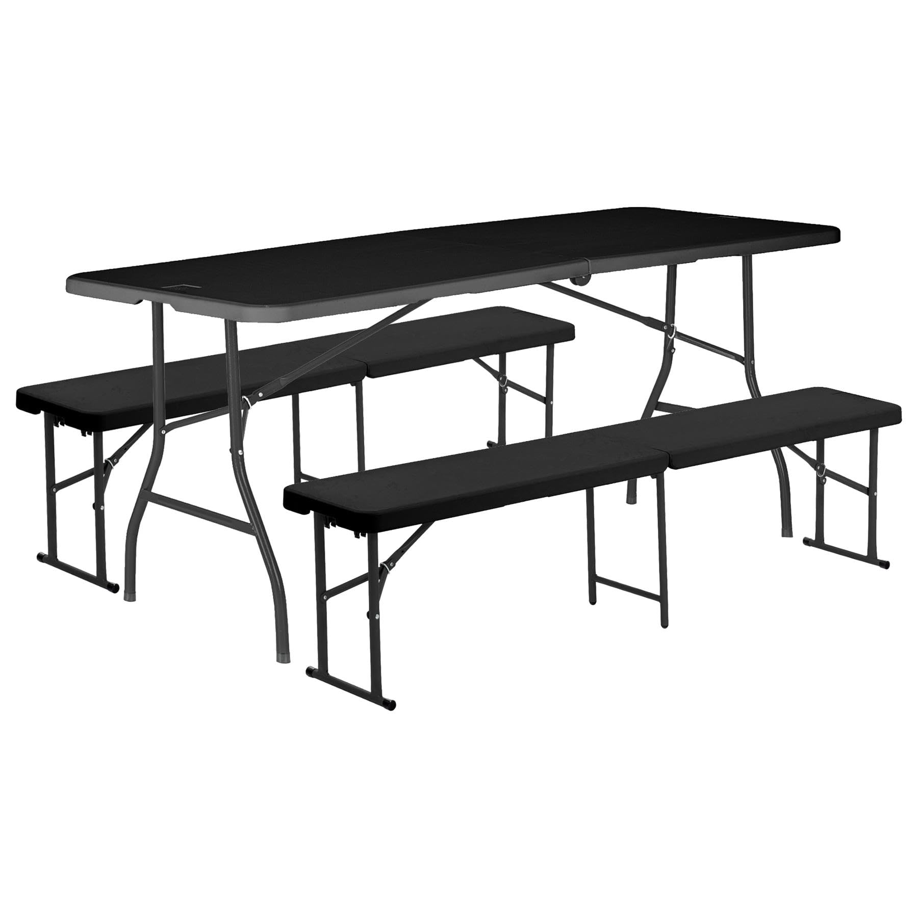 Harbour Housewares Folding Camping Picnic Table & Bench Set - 180cm (6ft) - Black - 4pc Foldable Portable Outdoor Garden Dining Furniture