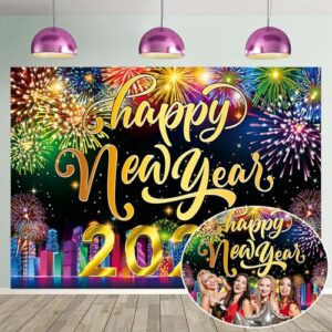 Neon Happy New Year Backdrop 2025 City Fireworks Eve Party Background 7x5FT Winter Holiday New Year Party Decoration Supplies Photo Props