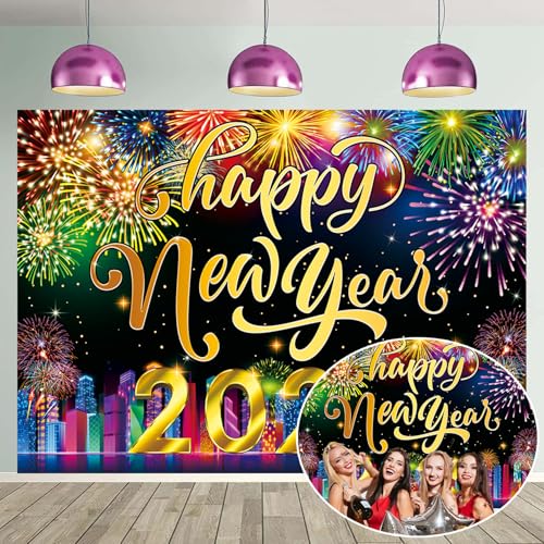 Neon Happy New Year Backdrop 2025 City Fireworks Eve Party Background 7x5FT Winter Holiday New Year Party Decoration Supplies Photo Props