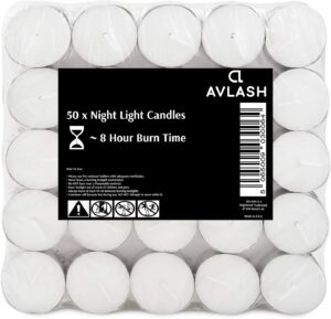 Avlash ® 8 Hour Tea Light Candles Pack of 50-8 Hour Burn Time - Shrink Wrapped