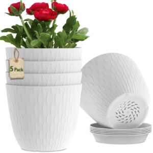 MUAEEOK 18CM 5 Pack Plant Pots Indoor Stripe Grooves Plastic Flower Pots with Drainage Holes and Tray