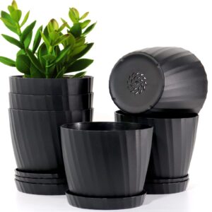 MUAEEOK 18CM 6 Pack Plant Pots Indoor Plastic Planters with Drainage Holes and Saucers for Indoor Outdoor House Plants and Flowers Modern Decorative Planter Pot for All House Plants (Black)