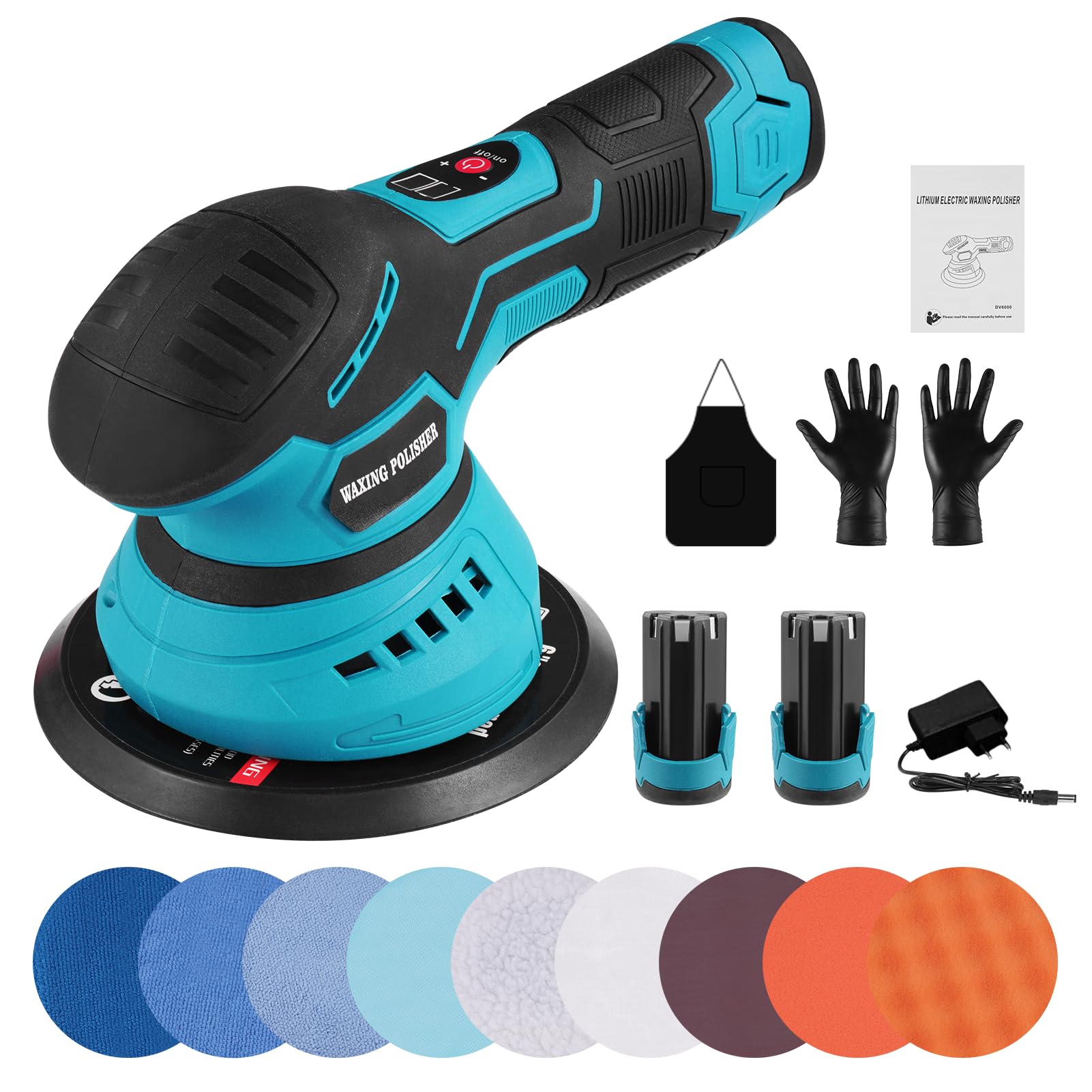 Cordless Buffer Polisher - 6 inch Car Polisher with 2pcs 21V 2000mAh Lithium Battery and 13 PCS Attachments