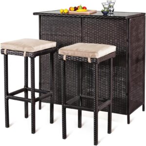 Gr8 Garden 3 Piece Brown Outdoor Patio Rattan Wicker Bar High Table 2 Stool Chairs Backyard Balcony Poolside Bistro Furniture Set with Hidden Storage Shelves