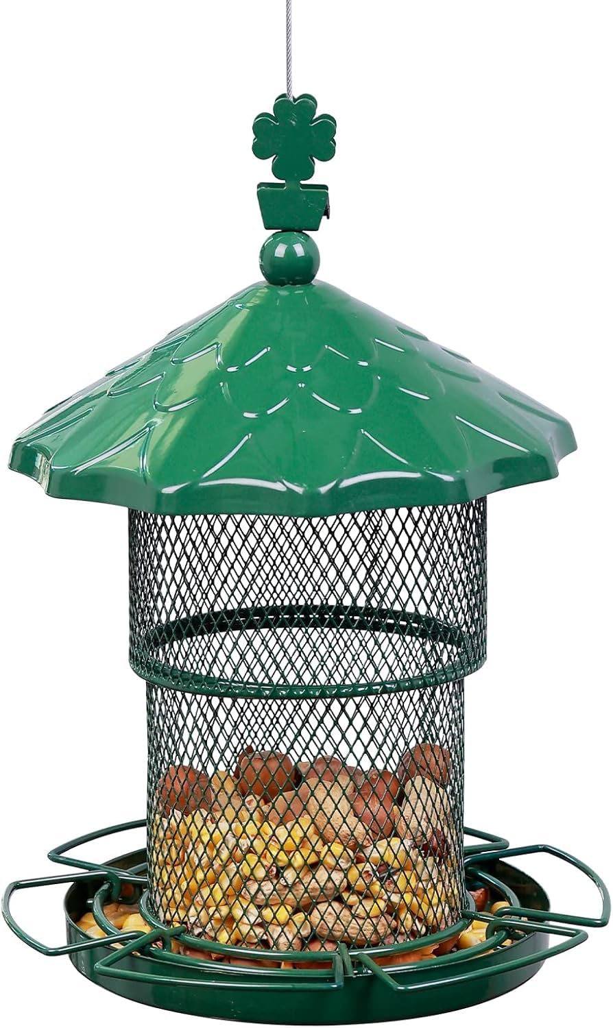 Metal Bird Feeder Tube Hanging Wild Bird Seed Feeder Squirrel Proof (Green)