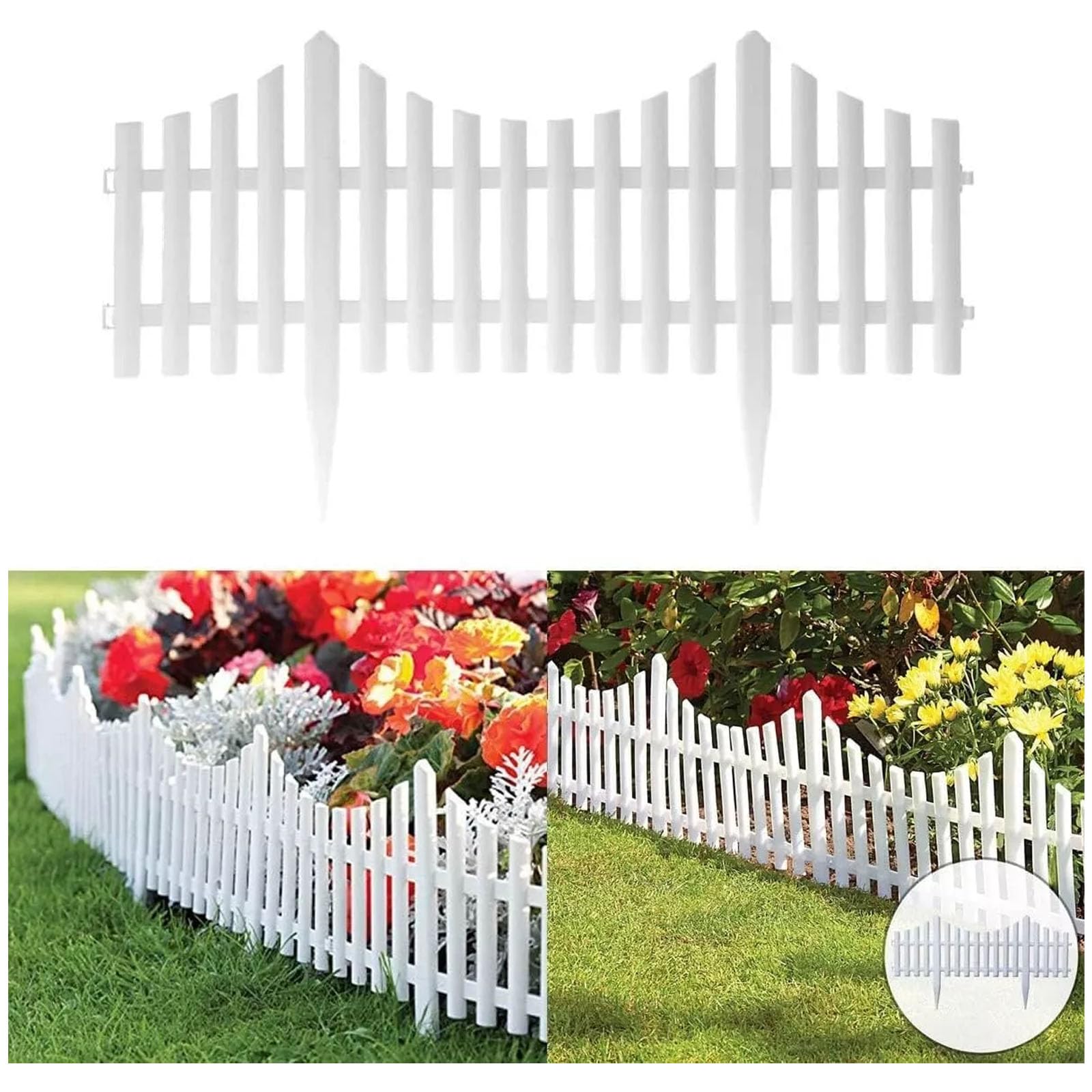White Plastic Wooden Effect Lawn Border Edge Fence – 10pcs Interlocking Garden Picket Edging Panels for Borders
