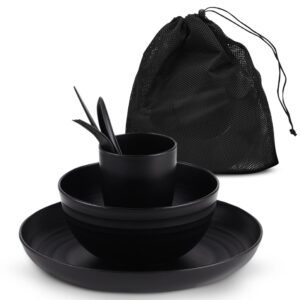 AdvntrPro Camping Dinnerware Set with Travel Bag (Black)