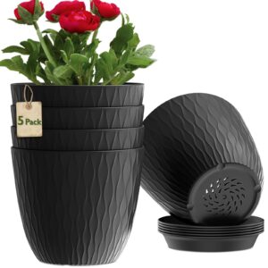 MUAEEOK 18CM 5 Pack Plant Pots Indoor Stripe Grooves Plastic Flower Pots with Drainage Holes and Tray