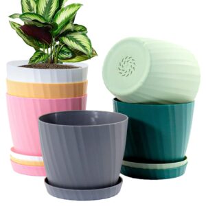 MUAEEOK 18CM 6 Pack Plant Pots Indoor Plastic Planters with Drainage Holes and Saucers for Indoor Outdoor House Plants and Flowers Modern Decorative Planter Pot for All House Plants (Multicolor)