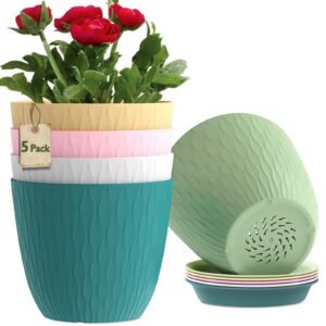 MUAEEOK 18CM 5 Pack Plant Pots Indoor Stripe Grooves Plastic Flower Pots with Drainage Holes and Tray