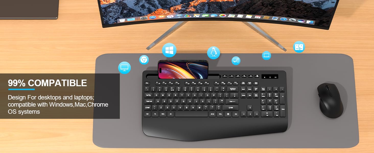 Wireless Keyboard and Mouse Set, Wrist Rest, Mobile Phone Holder, Batteries Included