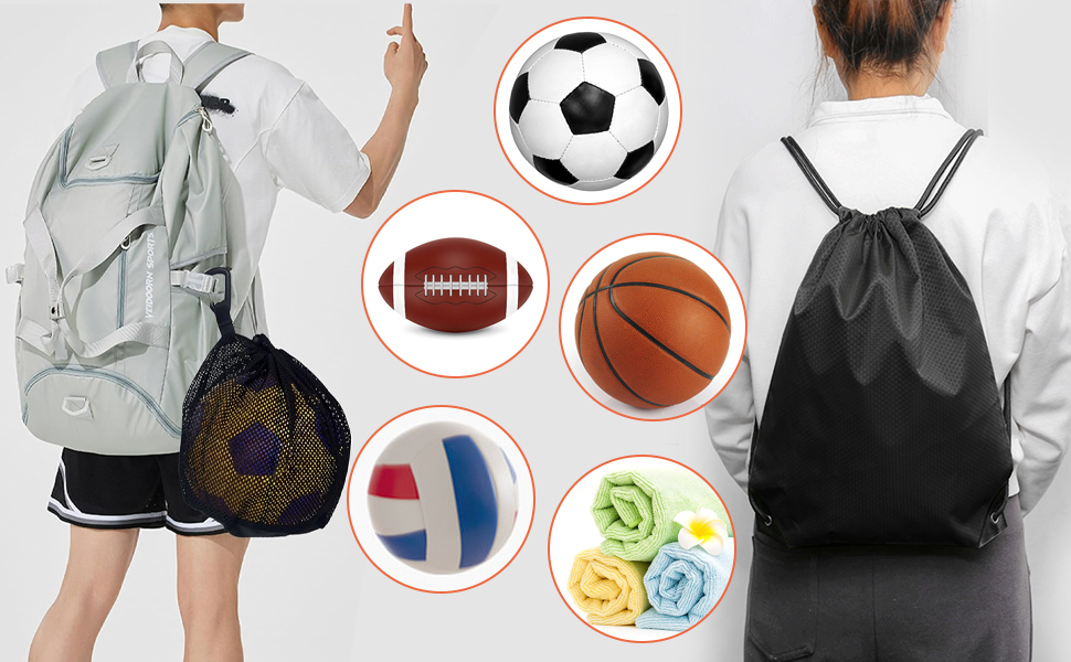 football bag for balls, drawstring gym bag, hanging ball net,