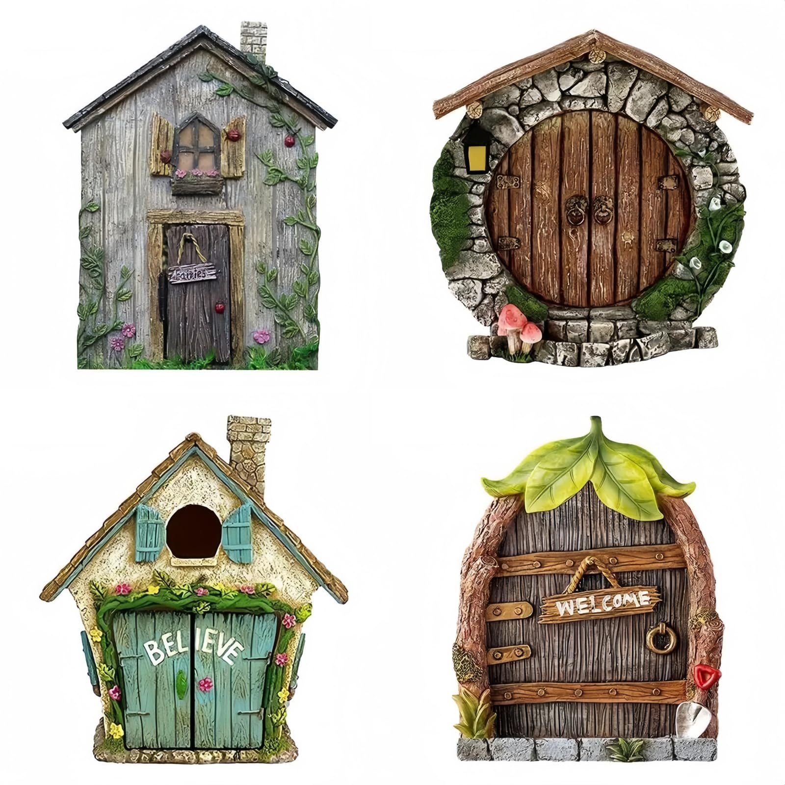 HuYiGGZ 4 Pcs Garden Fairy Door Miniature Elf Door Resin Elf Door Sculpture Home Decor Outdoor Ornament Fairy World Elves Door for Garden Yard Art Trees