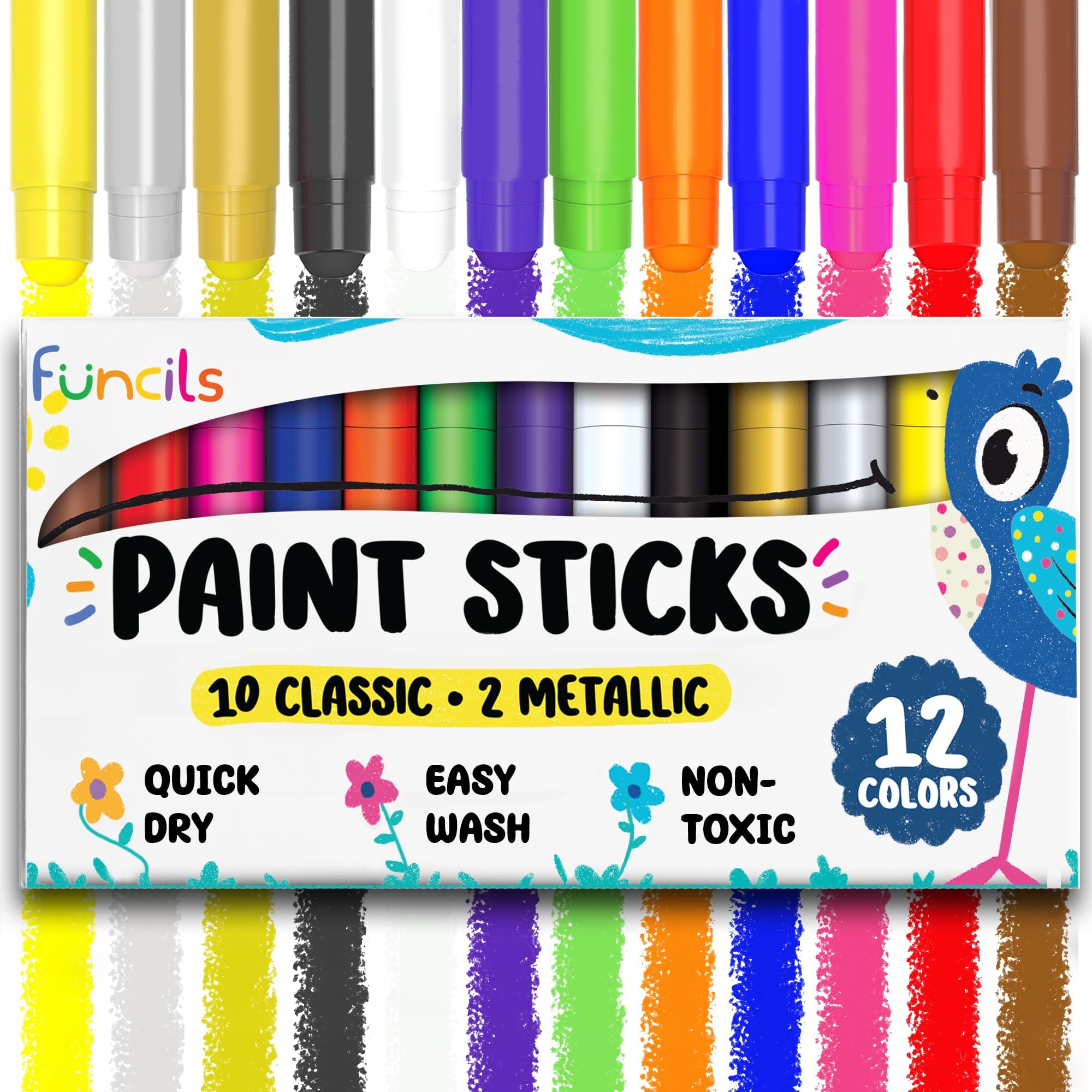 Funcils 12 Tempera Paint Sticks for Kids & Toddlers - Quick Dry