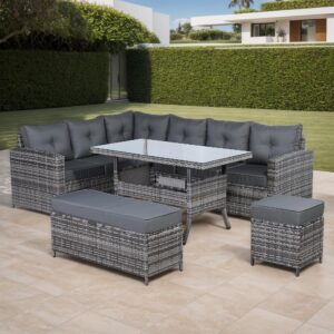 ULTRALAX Garden Furniture Left Hand Corner sets with Dinning Table in Grey Rattan Weave