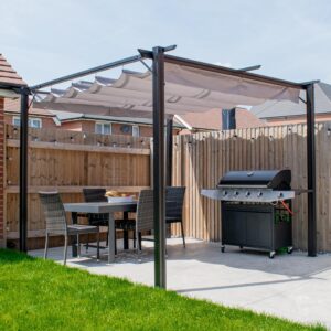 BPS Full Aluminium Garden Pergola | 3x3m Full Aluminium Garden Canopy | Retractable Roof | Outdoor Living | Patio BBQ Cover | Water Resistant Roof | Sun Shade | Black