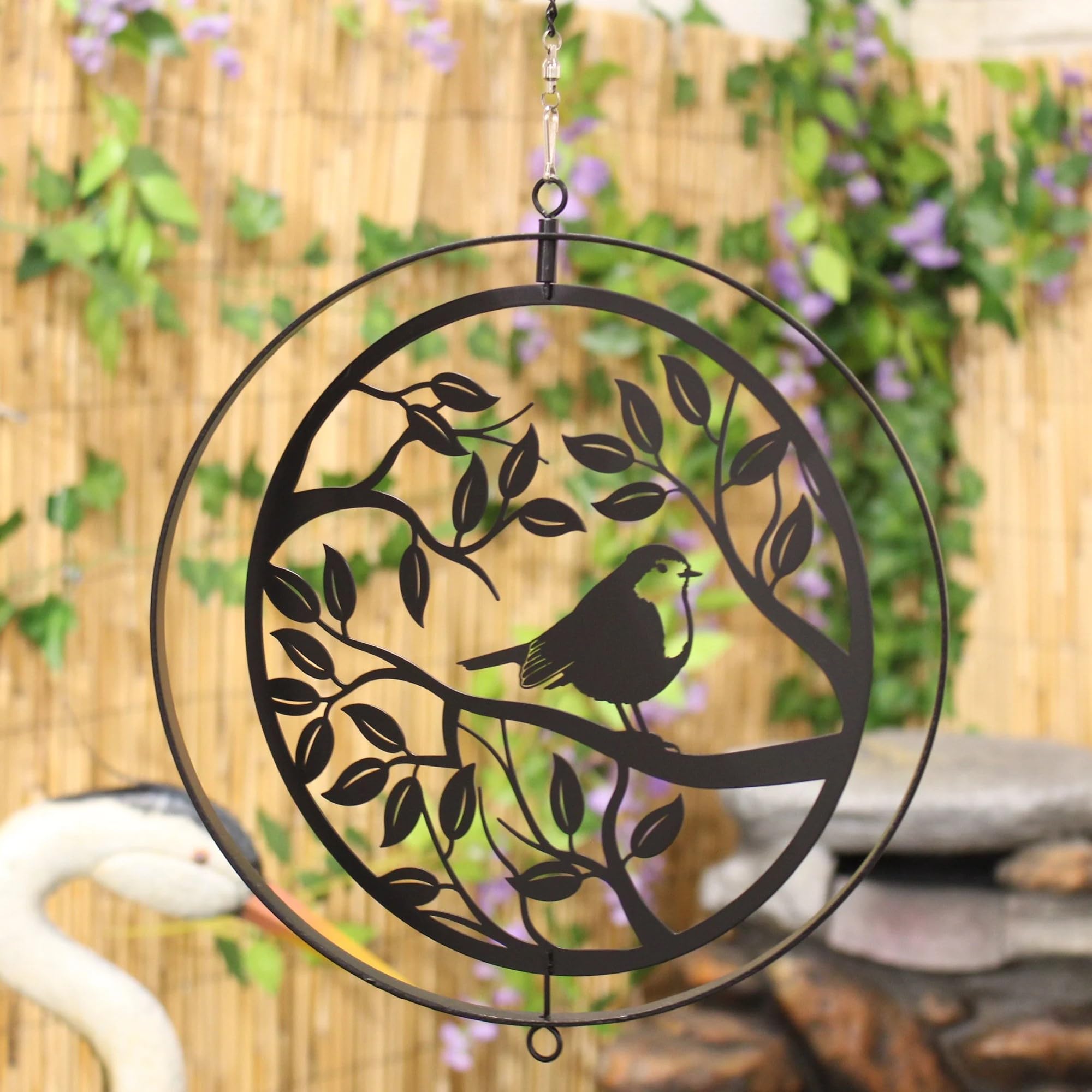Robin Hanging Orbit Spinner - Metal Bird in Tree Silhouette Black Wind Spin Tree Hanging Garden Orname