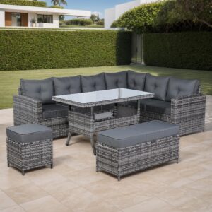 ULTRALAX Garden Furniture Right Hand Corner sets with Dinning Table in Grey Rattan Weave