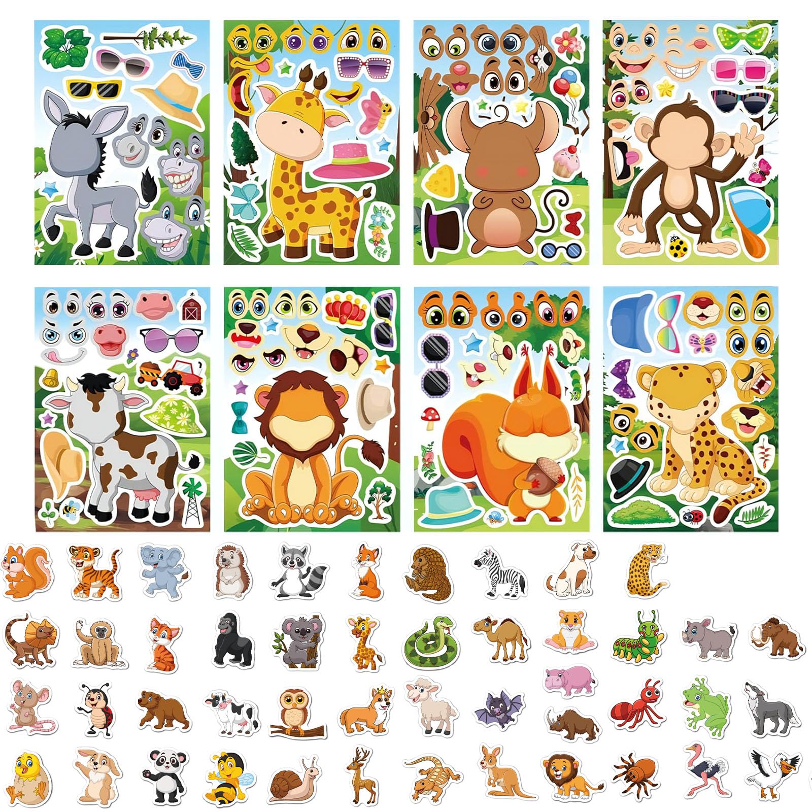 GOZINA 74 PCS Cute Animal Stickers for Children Include 24 Make-a-face Sticker Sheets for Kids and 50 Cute Stickers