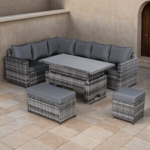ULTRALAX Garden Furniture LEFT Hand Corner Sofa Set With Rising Table In Grey Rattan Weave