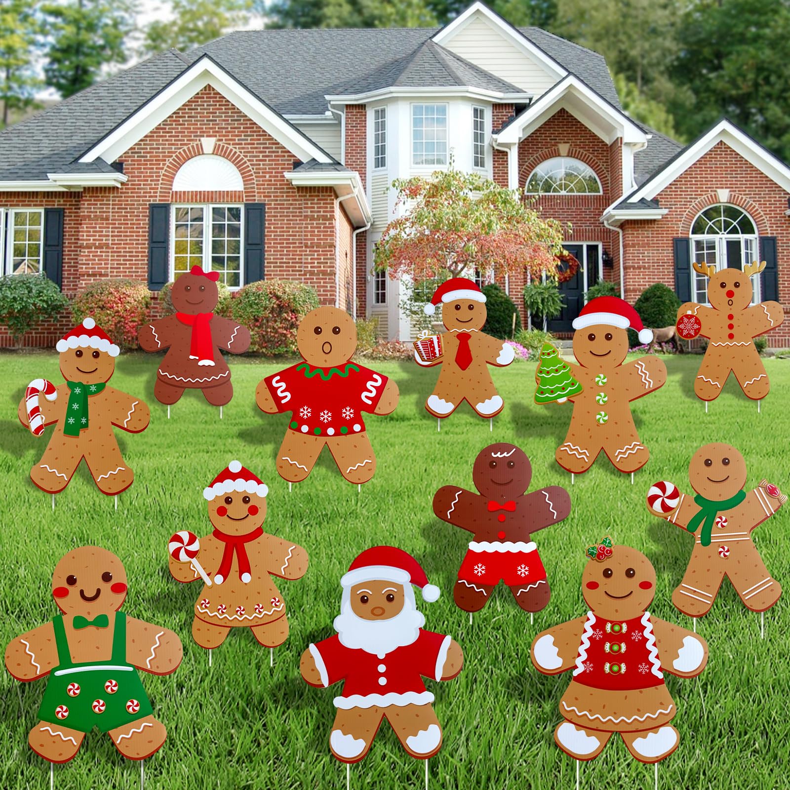 12 Pcs Christmas Gingerbread Man Yard Signs with Stakes Large Christmas Yard Sign Stakes Gingerbread Man Lawn Sign Xmas Gingerbread Yard Stakes Lawn Signs for Christmas Pathway Garden Patio Party