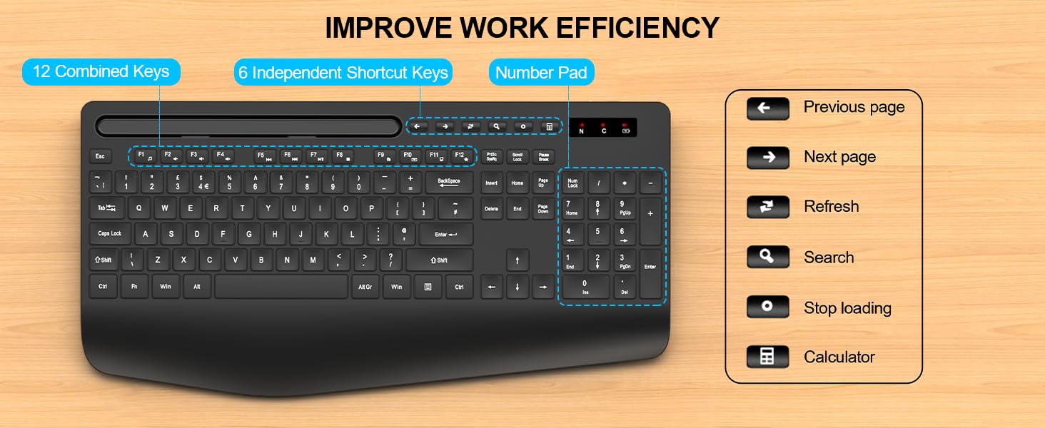 Wireless Keyboard and Mouse Set, Wrist Rest, Mobile Phone Holder, Batteries Included