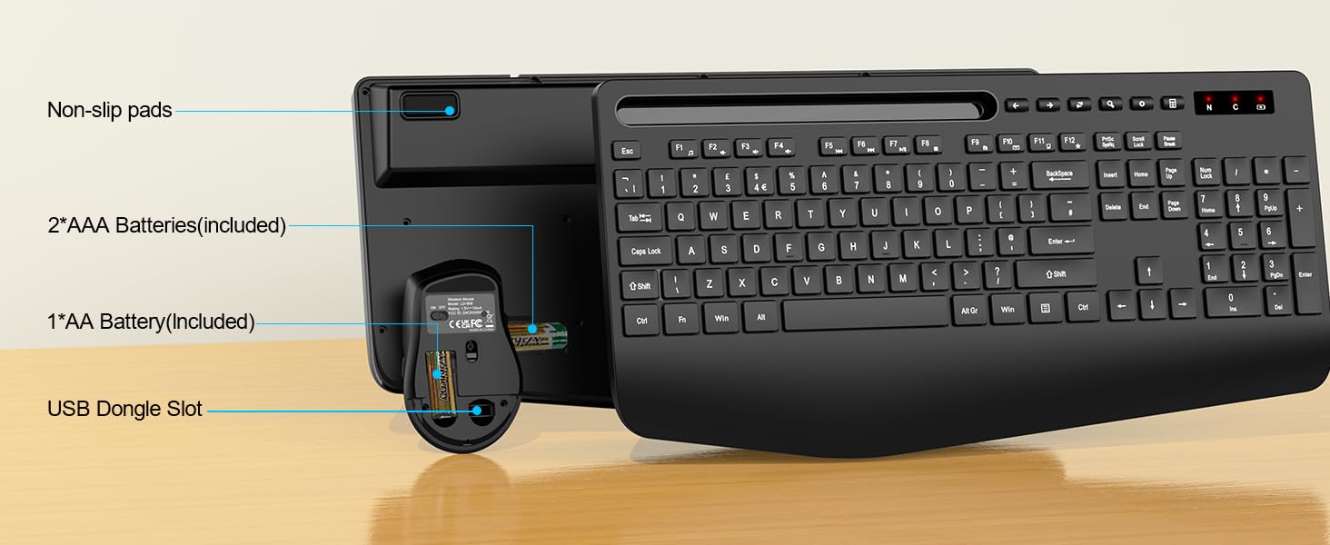 Wireless Keyboard and Mouse Set, Wrist Rest, Mobile Phone Holder, Batteries Included