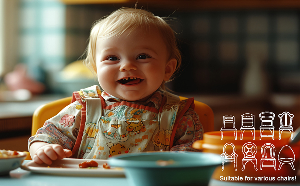 A toddler seating comfortably at dining table.