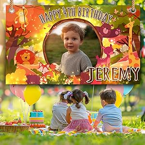 Personalised kids wild animal forest birthday party backdrop background