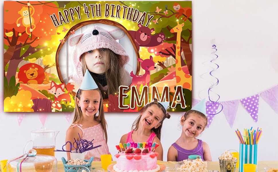Personalised kids animal forest happy birthday party banner backdrop background